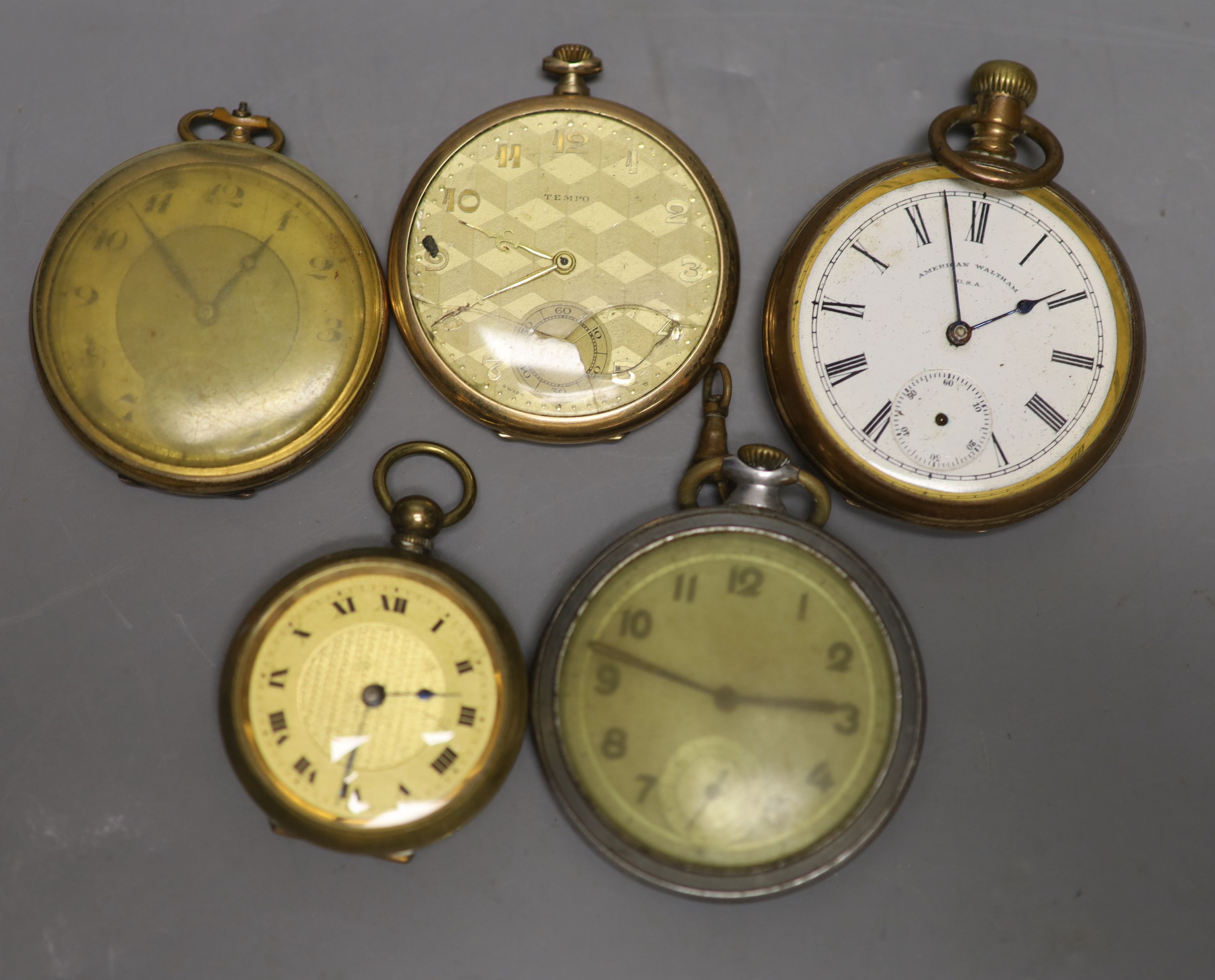 Five assorted base metal pocket watches including Waltham and Tempo(a.f.)